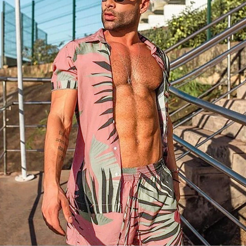 Men's airy viscose blend short-sleeve shirt with open button placket and matching casual shorts with drawstring Mune Fashion