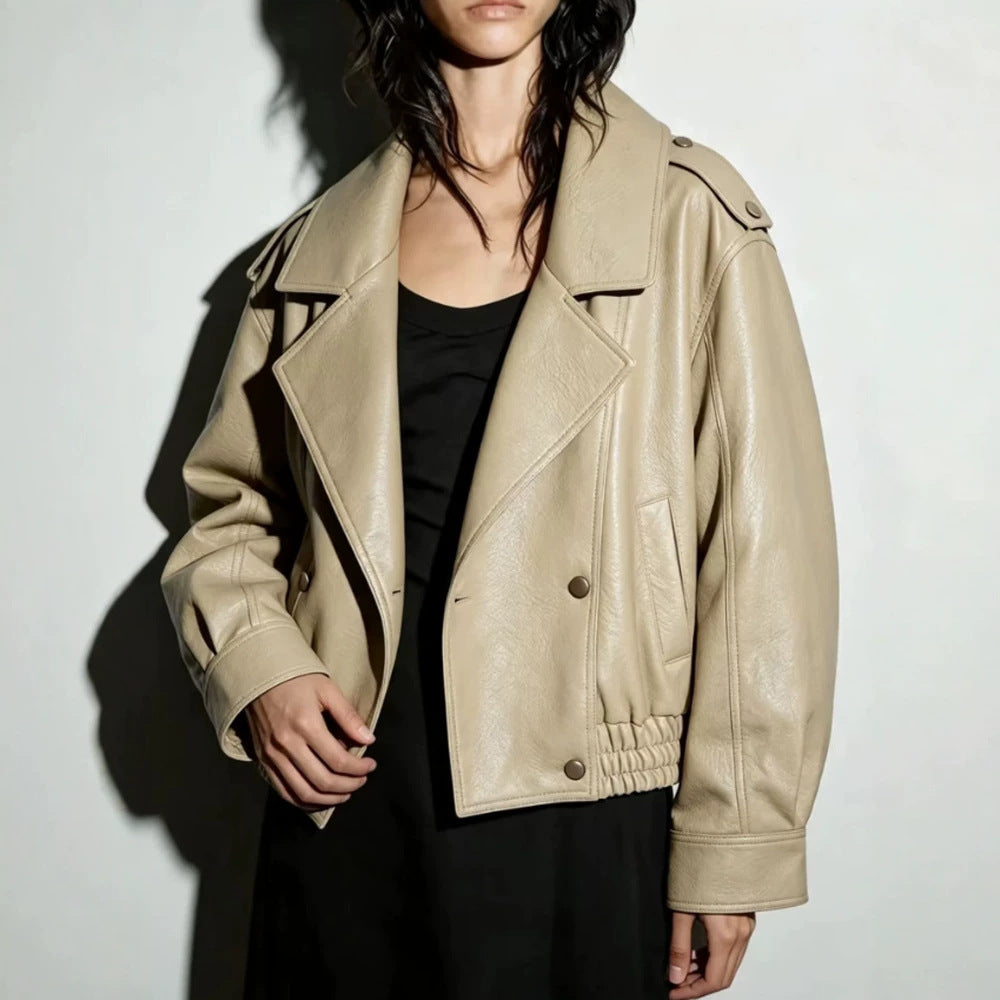 Women's Oversize Faux Leather Blouson with Double-Breasted Button Placket, Wide Lapels, and Elastic Hem Mune Fashion