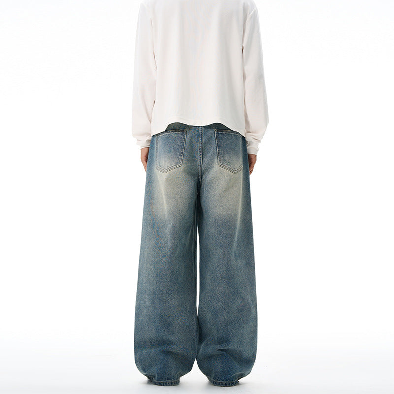 Men's Ultra Wide Vintage Denim Baggy Jeans with Low Crotch and Floor-Length Hemline Mune Fashion