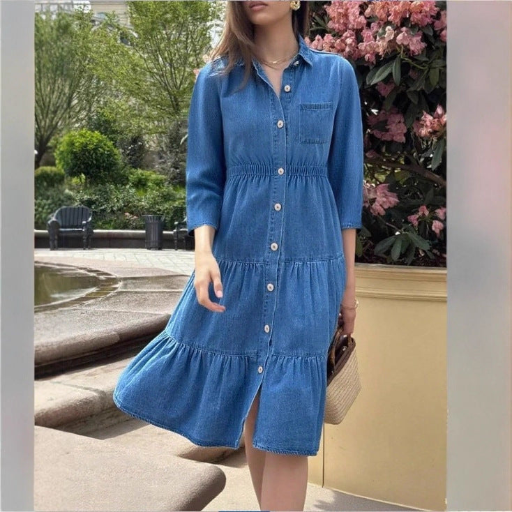 Women's button-down shirt dress made of denim with a waist-defining elastic band, button placket & tiered skirt Mune Fashion