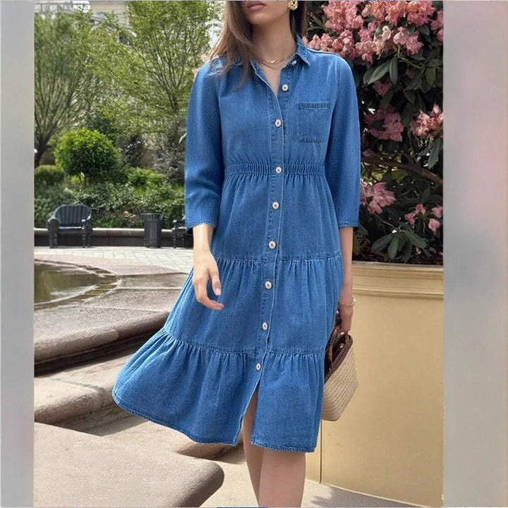 Women's button-down shirt dress made of denim with a waist-defining elastic band, button placket & tiered skirt Mune Fashion