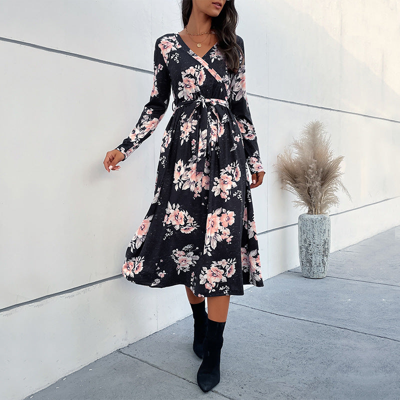 Women's Wrap Midi Dress with Fitted Tie Belt, Flared Skirt and V-Neck Mune Fashion
