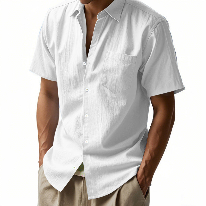 Men's short-sleeved cotton-linen casual shirt with Kent collar, chest pocket, and continuous button placket Mune Fashion