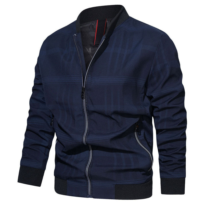 Men's lightweight bomber jacket in minimal check with stand collar, zipper, and elastic cuffs Mune Fashion