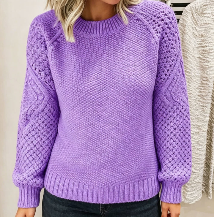 Women Chunky Knit Crew Neck Sweater with Openwork and Cable Knit Sleeves Mune Fashion