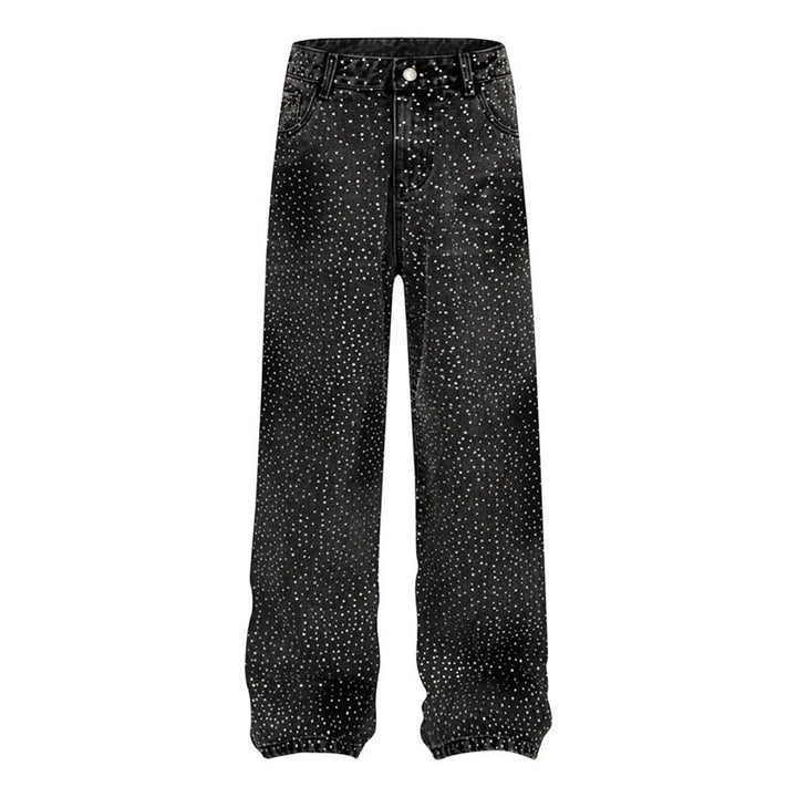 Ladies Wide High-Waist Denim Palazzo Jeans with Allover Rhinestones and Elastic Hem