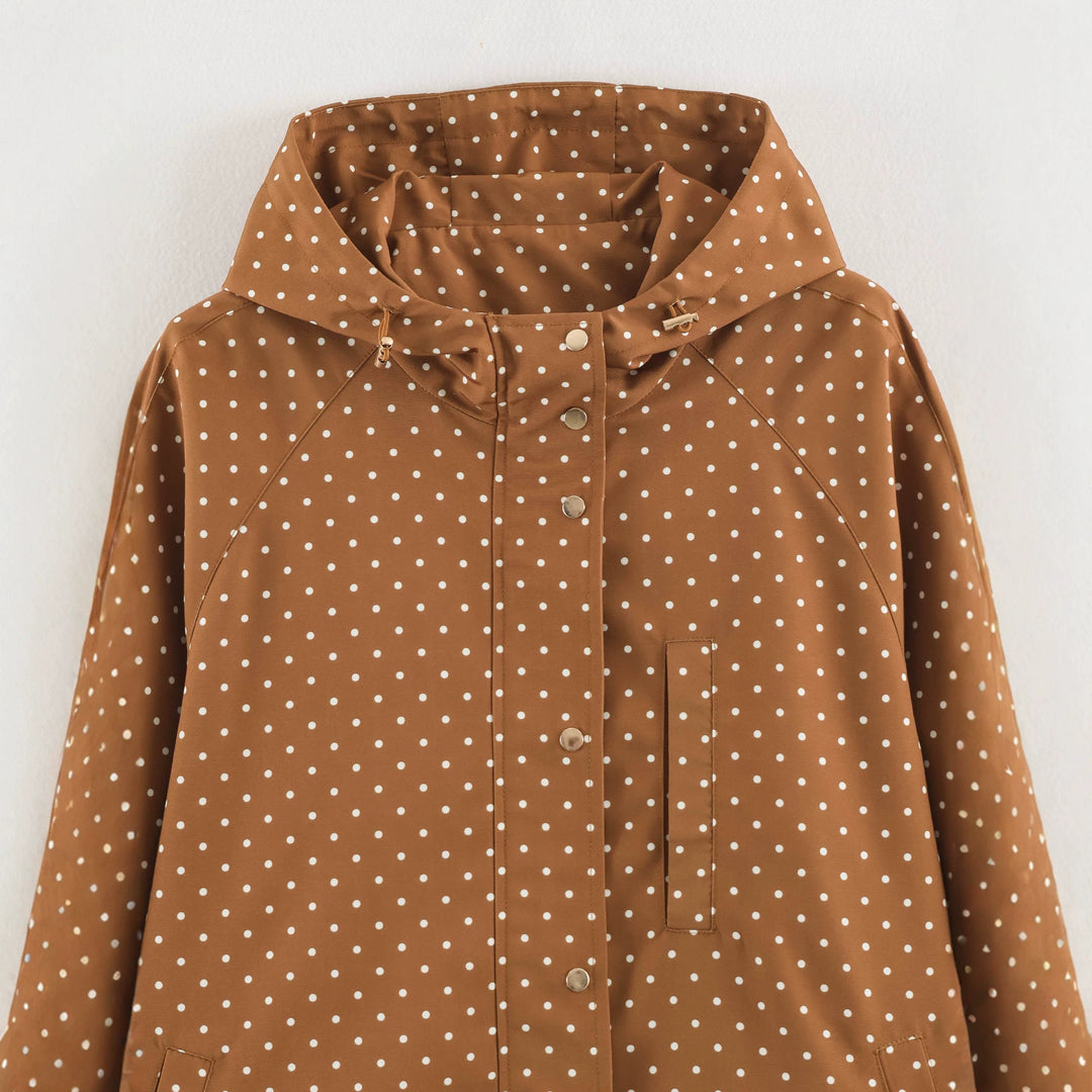 Women's Lightweight Water-Repellent Hooded Jacket with Polka Dot Pattern and Snap Button Placket Mune Fashion