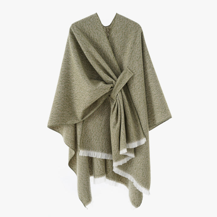 Women's wool blend cape with tie loop and fringe hem Mune Fashion