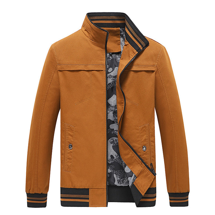 Men's Light Stand-Up Collar Blouson with Striped Ribbed Cuffs and Camouflage Lining Mune Fashion