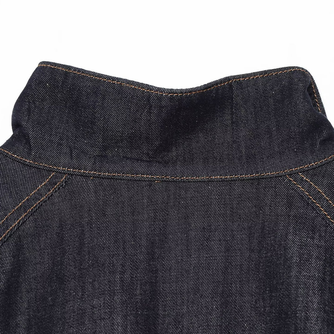 Women's Cropped Denim Jacket with Waist Belt, Stand Collar and Balloon Sleeves Mune Fashion