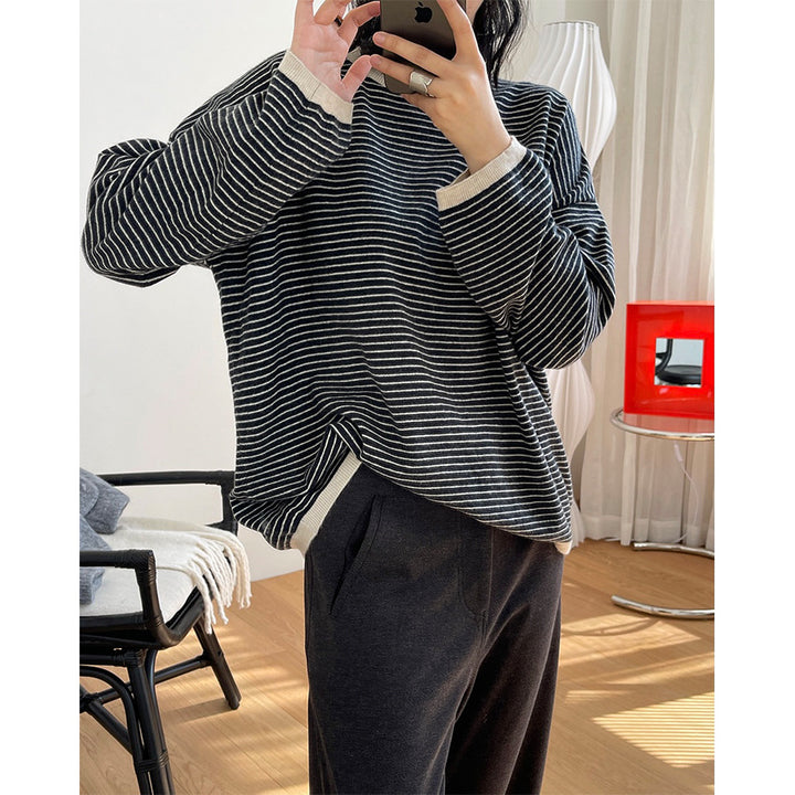 Women's Striped Fine Knit Sweater with Dropped Shoulder and Ribbed Collar Mune Fashion
