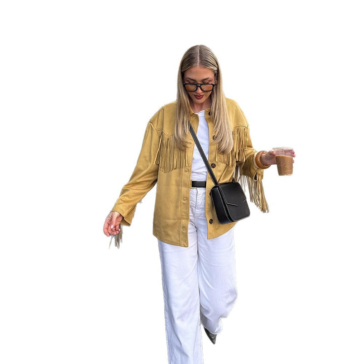 Women’s Oversize Fringe Jacket in Western Style made of Suede-Look with Shirt Collar Mune Fashion
