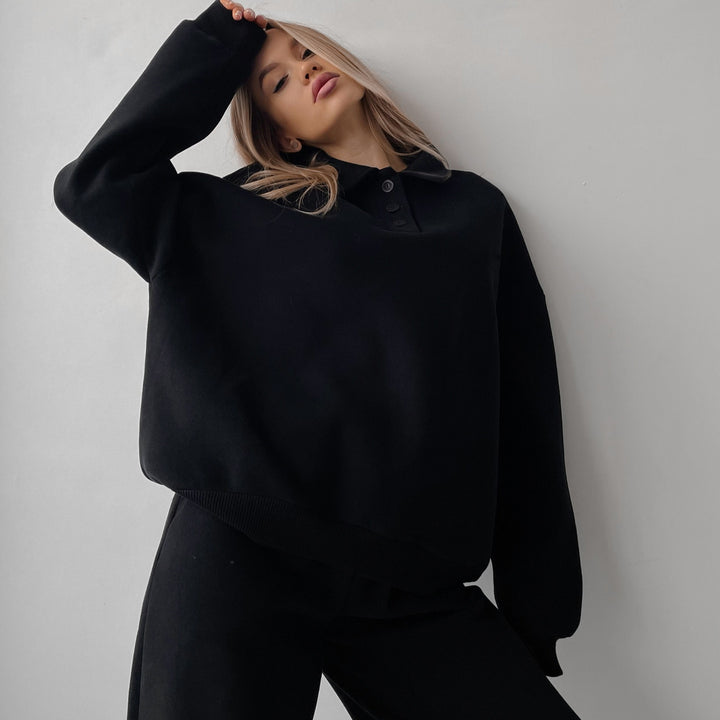 Women's Polo Sweatshirt and Relax Fit Jogging Pants Set made of French Terry Mune Fashion