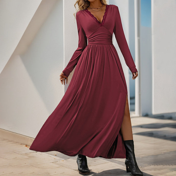Women's Elegant Maxi Dress with V-Neck and High Slit Mune Fashion