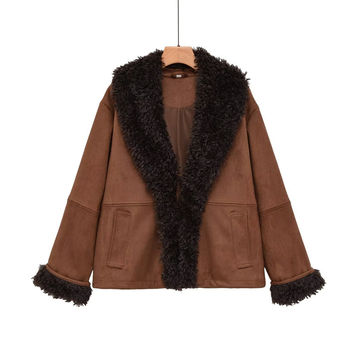 Women's short jacket in lambskin look with voluminous shawl collar Mune Fashion