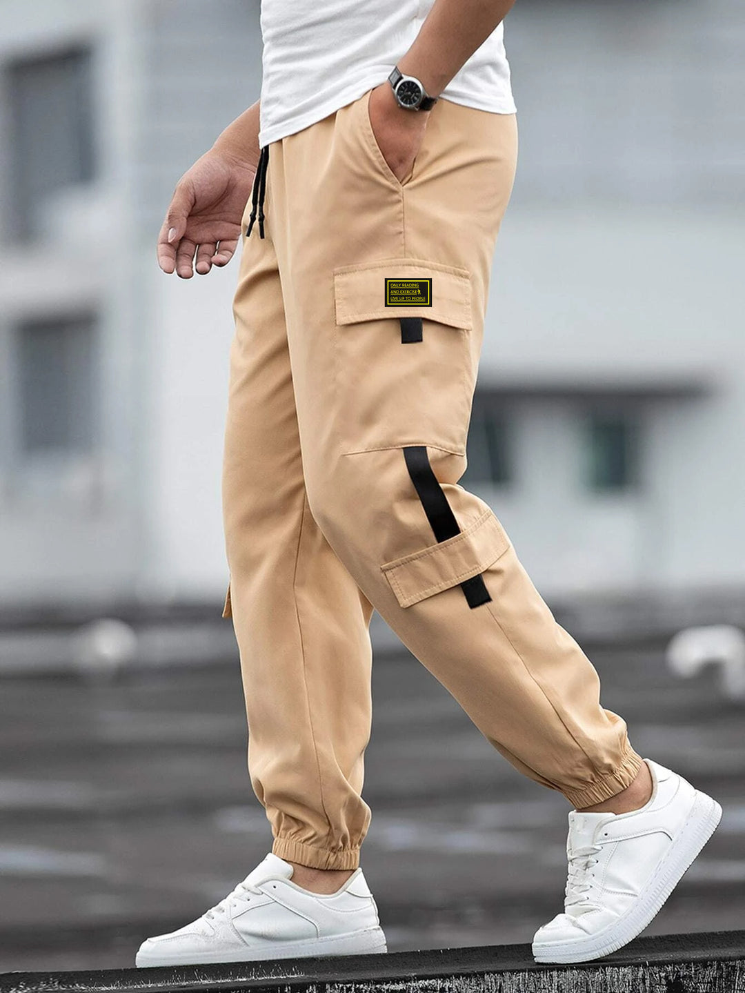 Men's fashionable cargo jogger pants with elastic waistband, drawstring, and multiple security and flap pockets Mune Fashion