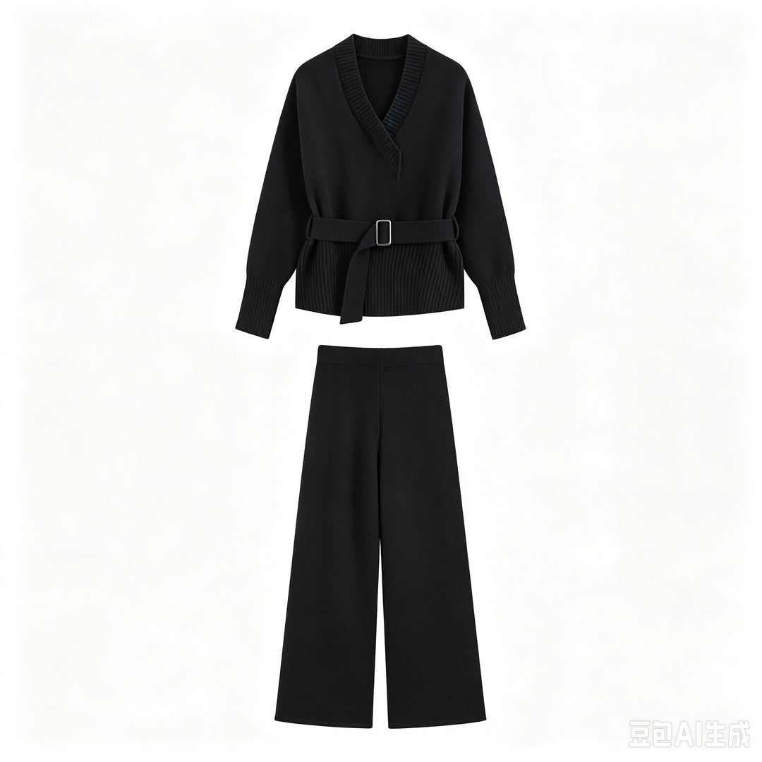 Women's Knit Set with V-Neck, Waist Belt, and Wide Culotte Pants Drune