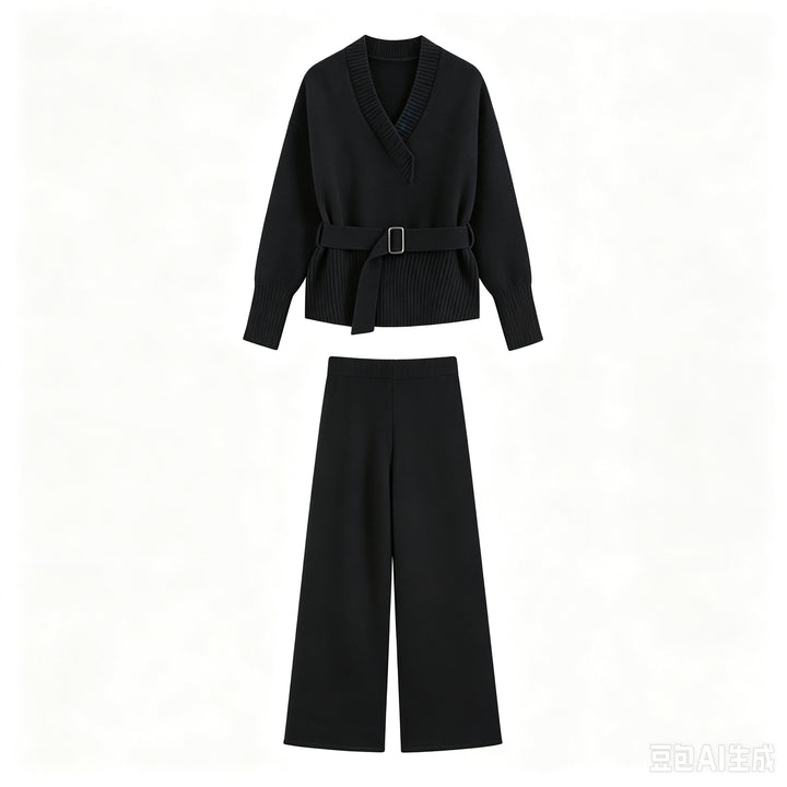 Women's Knit Set with V-Neck, Waist Belt, and Wide Culotte Pants Drune