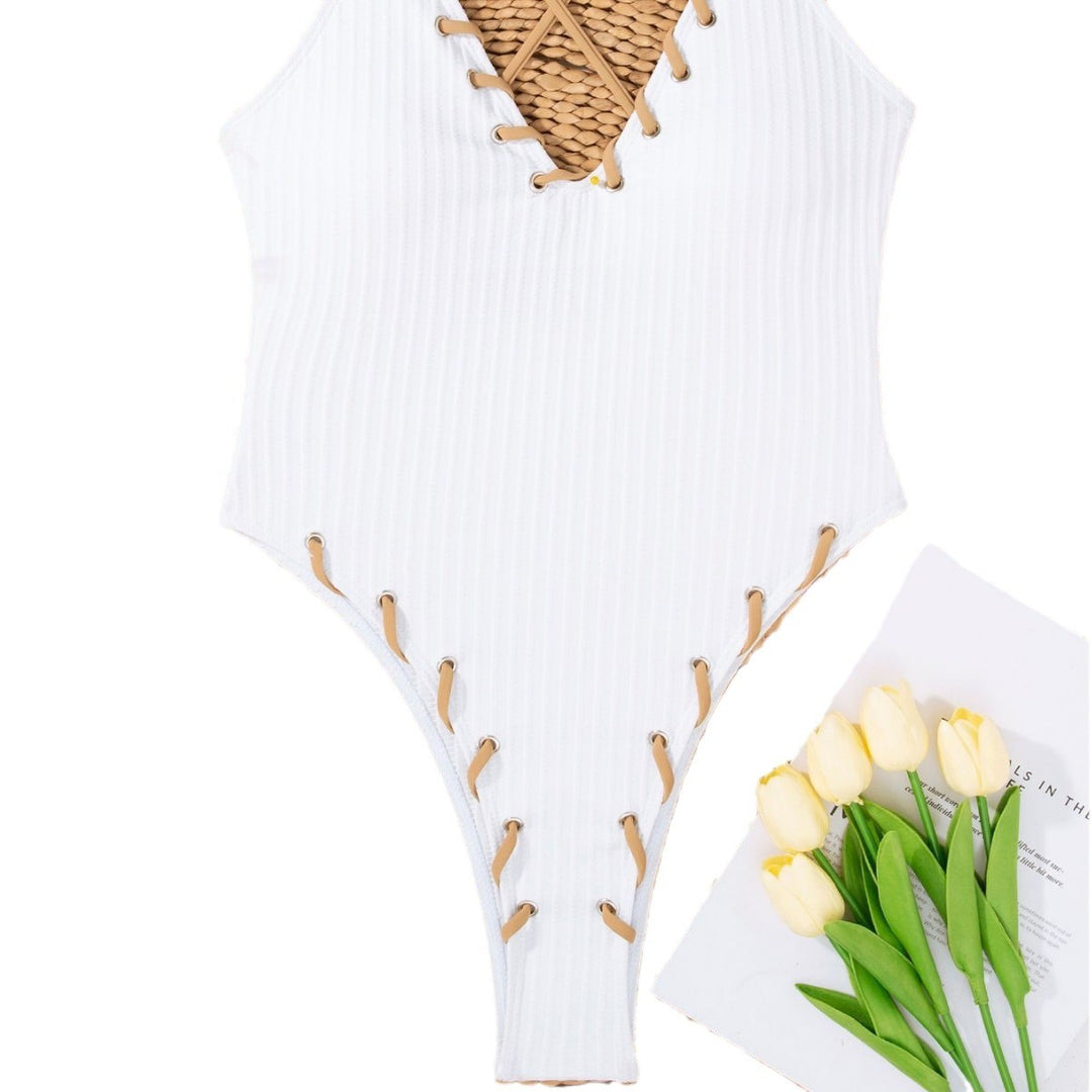 Women's one-piece swimsuit with seductive lace-up design and deep V-neck Mune Fashion