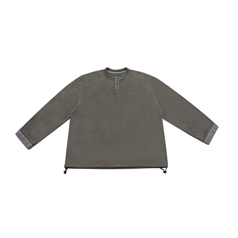 [Unisex] Oversize-Fleece-Henley-Pullover with half button placket, drawstring hem, and rolled sleeves Mune Fashion