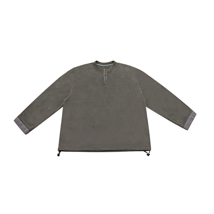 [Unisex] Oversize-Fleece-Henley-Pullover with half button placket, drawstring hem, and rolled sleeves Mune Fashion