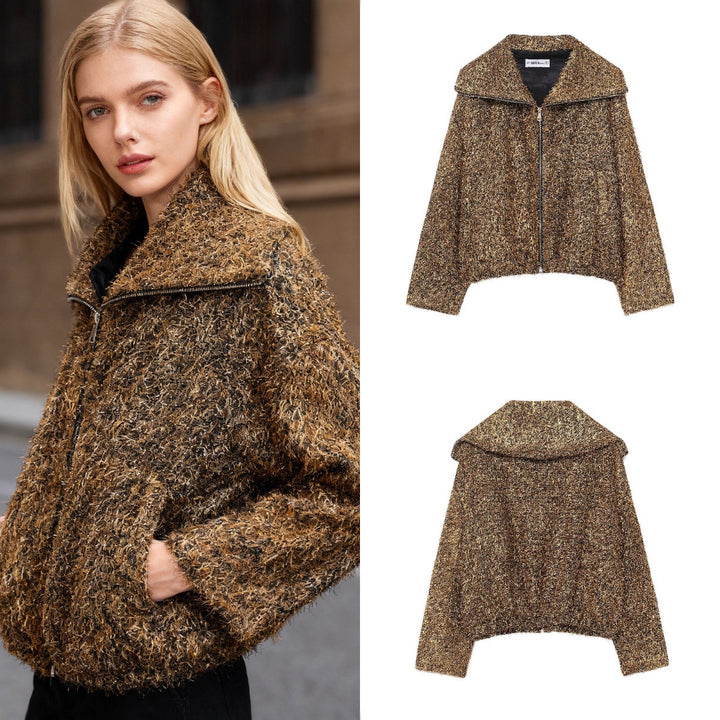 Ladies Glittering Boucle Zip Jacket with Wide Collar and Cropped Boxy Cut Mune Fashion