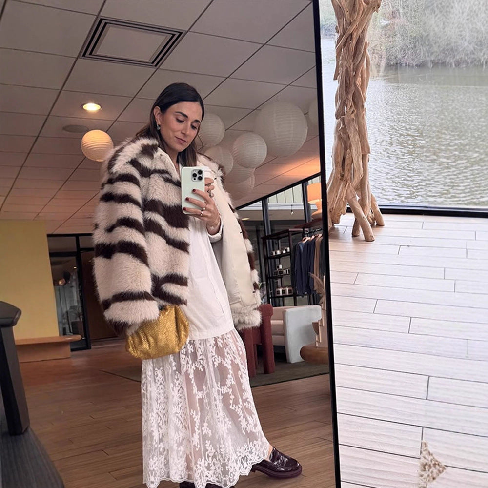 Women Striped Oversize Faux Fur Coat with Short Boxy Cut Mune Fashion