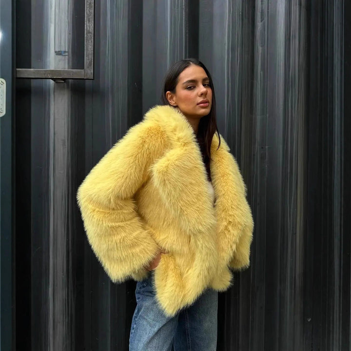 Women’s Short Oversized Faux Fur Coat with Voluminous Shawl Collar Mune Fashion