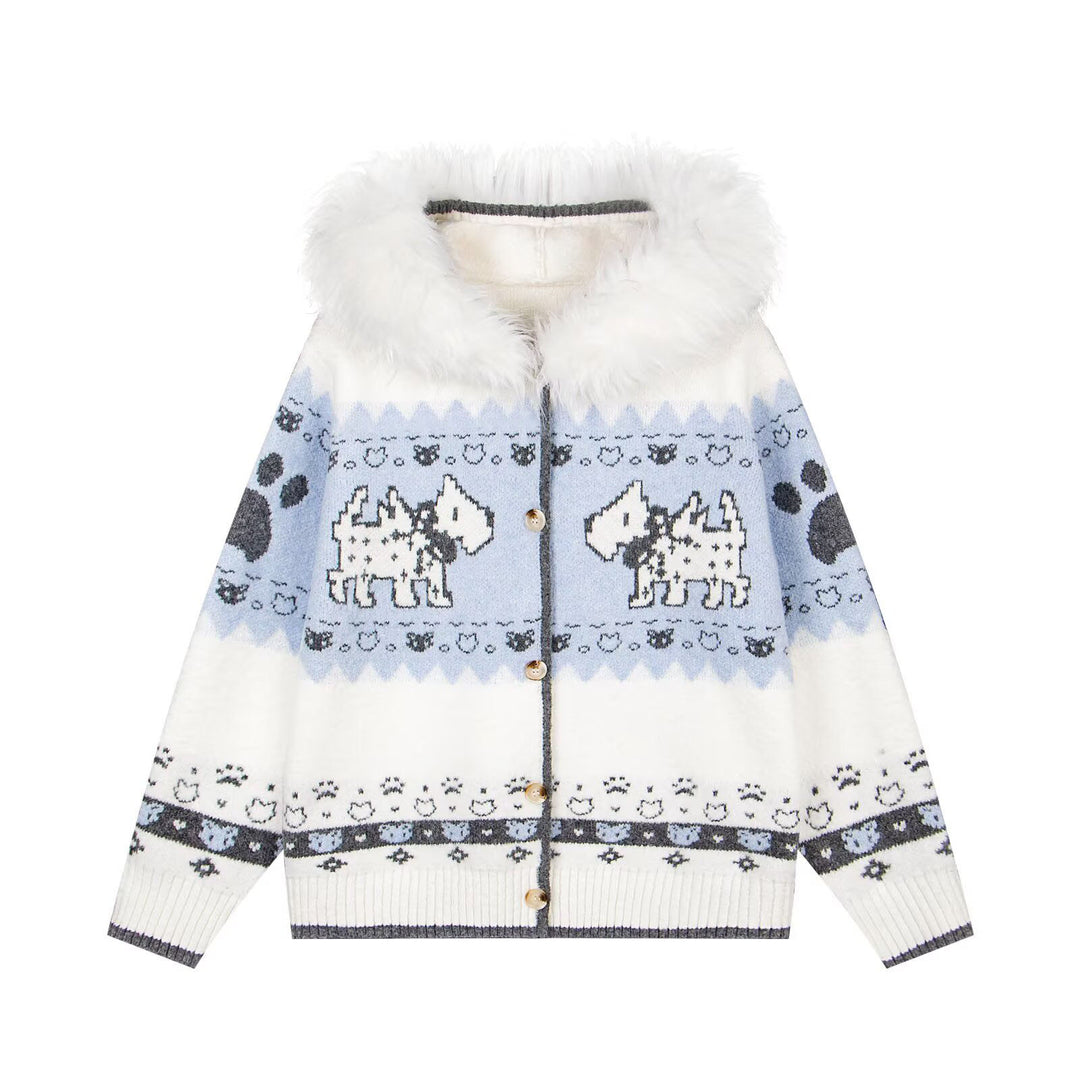 Ladies Cozy Cardigan with Animal Pattern and Fur Collar Mune Fashion