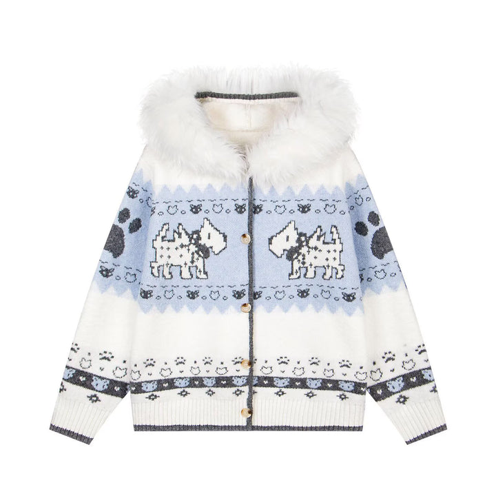 Ladies Cozy Cardigan with Animal Pattern and Fur Collar Mune Fashion