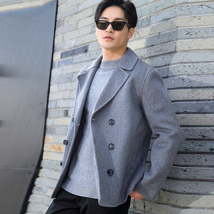 Men's Short Double-Breasted Wool Blend Peacoat with Notch Collar and Thermal Lining Mune Fashion