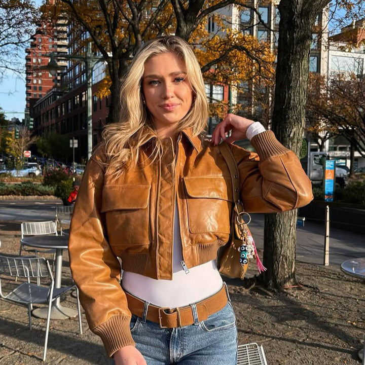 Women's Short Leather-Look Blouson Jacket with Large Flap Pockets and Ribbed Cuff Mune Fashion
