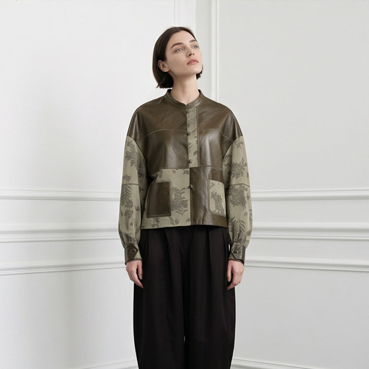 Women's short jacket in leather look and jacquard with stand-up collar Mune Fashion
