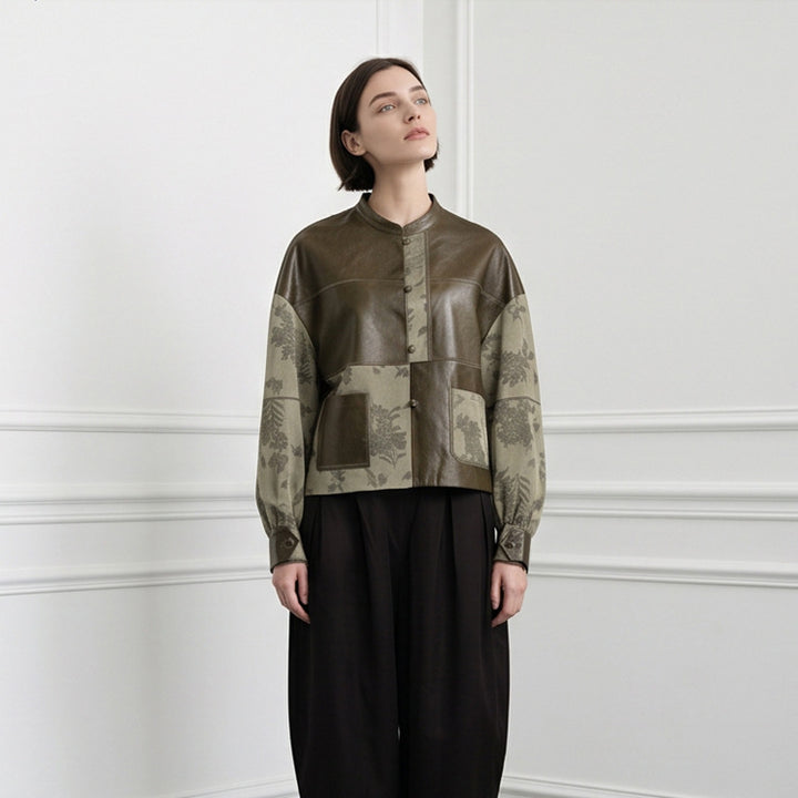 Women's short jacket in leather look and jacquard with stand-up collar Mune Fashion