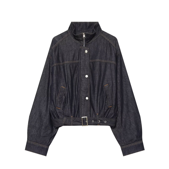 Women's Cropped Denim Jacket with Waist Belt, Stand Collar and Balloon Sleeves Mune Fashion