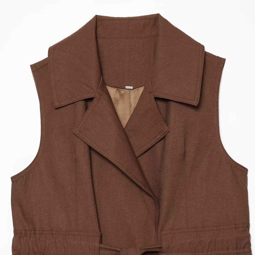 Women's Sleeveless Trench Vest with Waist Belt and Lapel Collar Mune Fashion