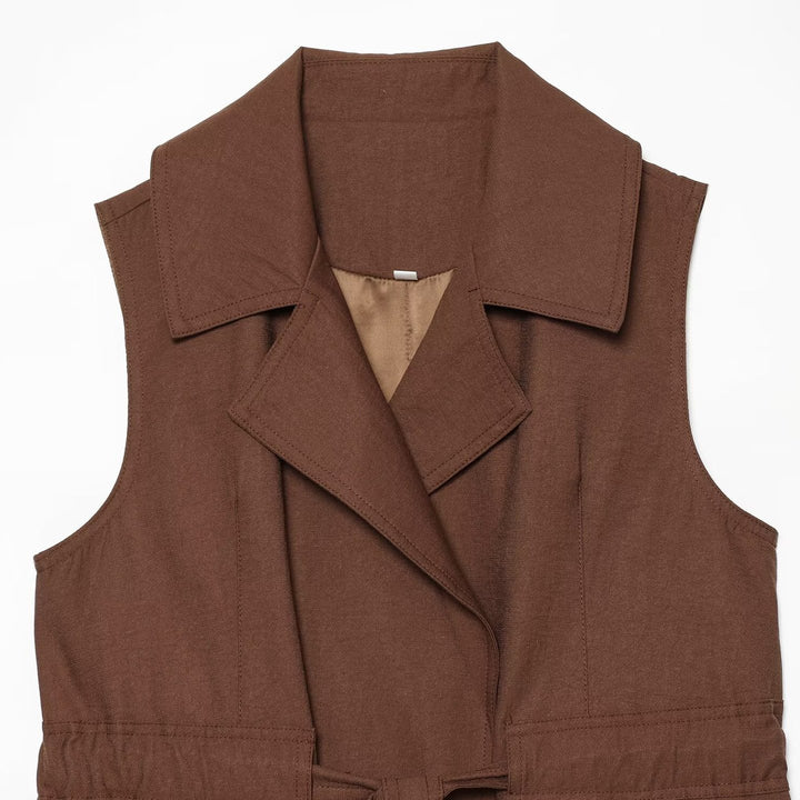 Women's Sleeveless Trench Vest with Waist Belt and Lapel Collar Mune Fashion