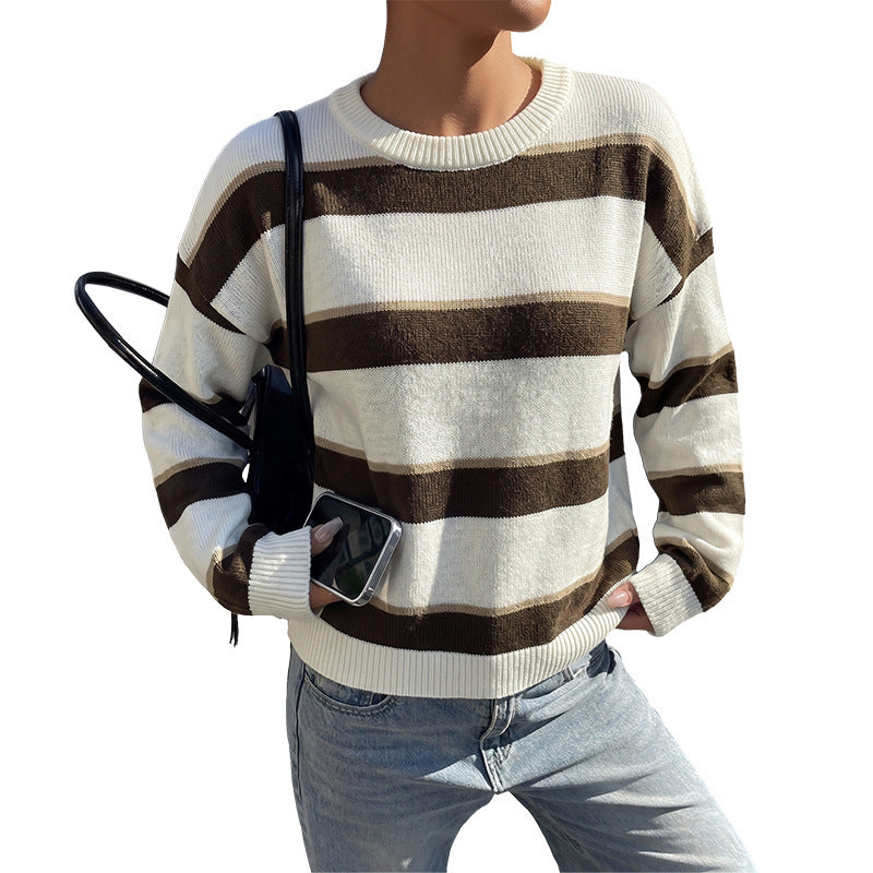 Women's Oversize Knit Sweater with Wide Block Stripes and Round Neckline Mune Fashion