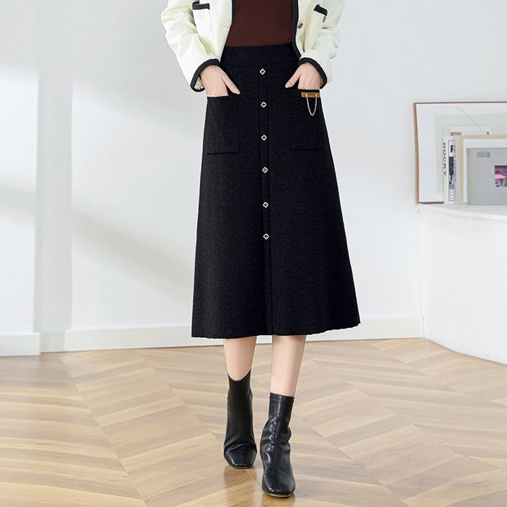 Women's Elegant, Lined Button Midi Skirt Mune Fashion