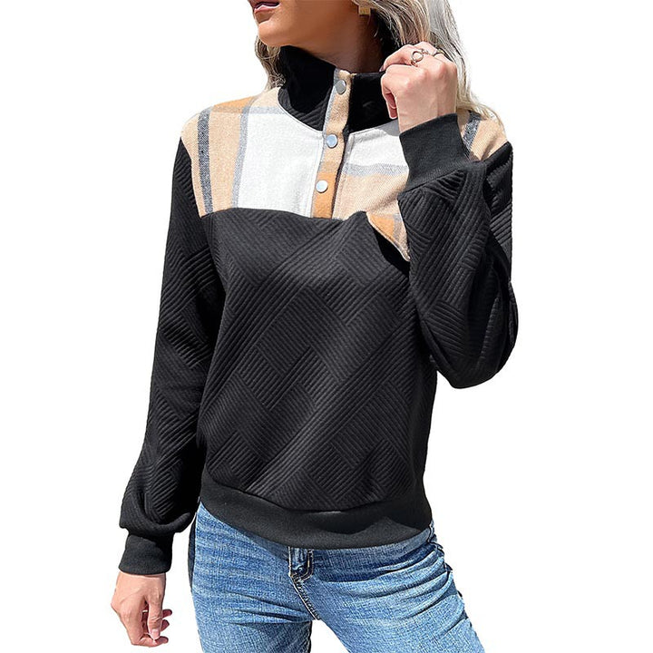 Women's quilted sweatshirt with check detail, button placket, and ribbed hem Mune Fashion