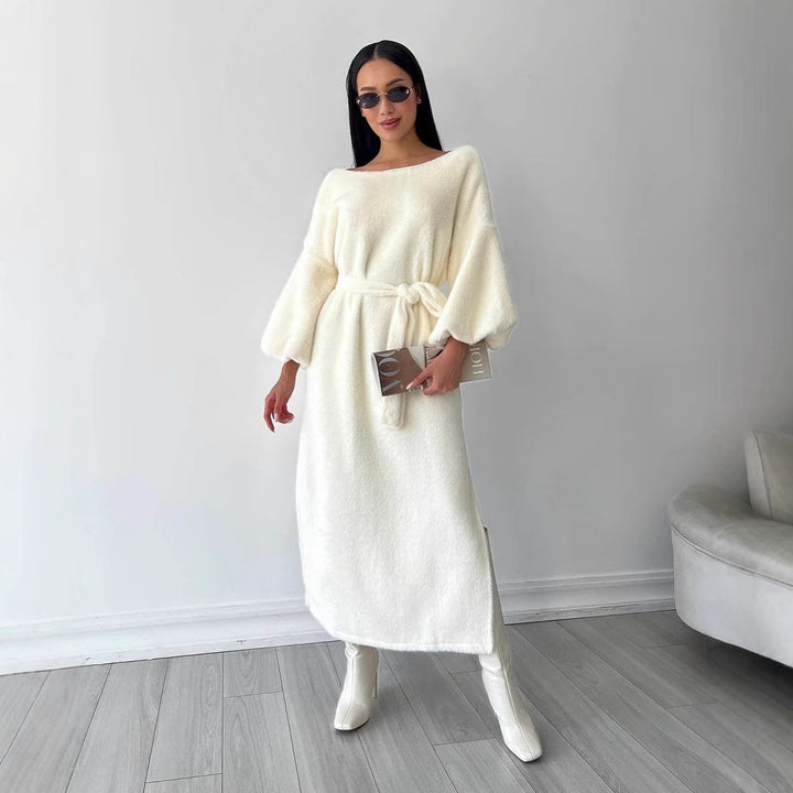 Women's Cozy Midi Dress with Tied Belt and Balloon Sleeves Mune Fashion