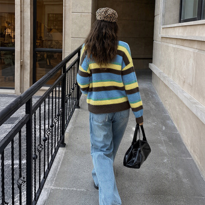 Women's Casual Knitted Sweater with Colorful Striped Pattern Mune Fashion