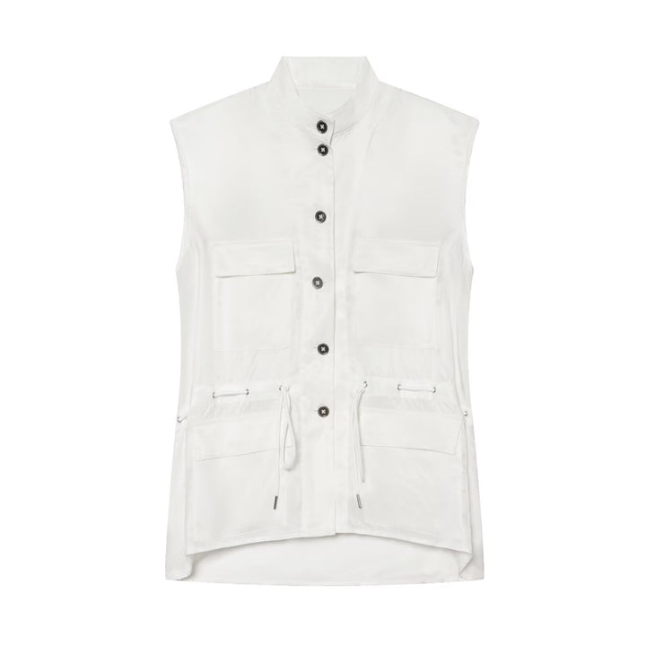 Women’s Utility Vest with Drawstring, Flap Pockets and Stand Collar Mune Fashion