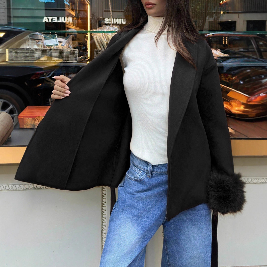 Women's short coat with faux fur cuffs, shawl collar and wrap belt Mune Fashion