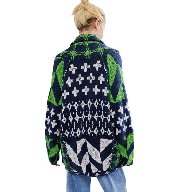 Ladies Oversized Cardigan with Shawl Collar and Graphic Pattern Mune Fashion