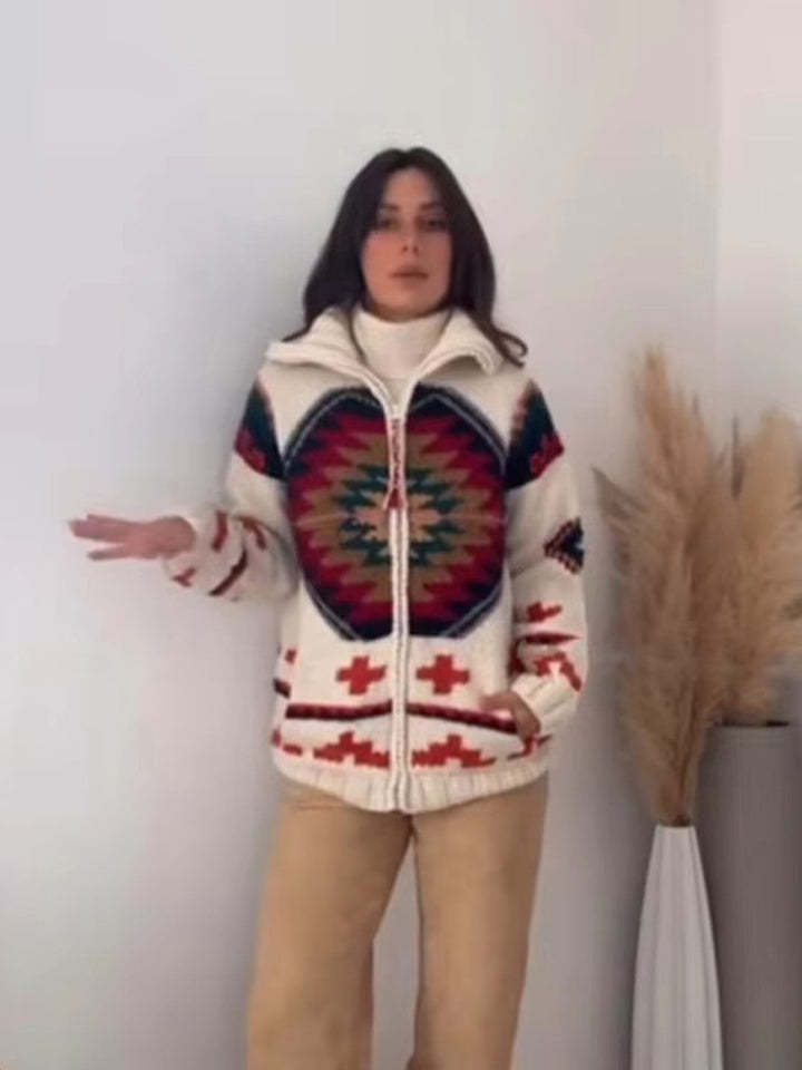 Women's Jacquard Cardigan with Navajo Pattern, Zipper and High Collar Mune Fashion