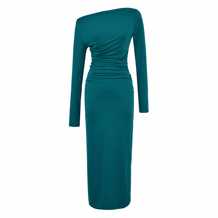 Women One-Shoulder Midi Dress with Long Sleeve and Side Gathering Mune Fashion