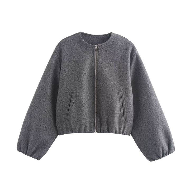 Women's Short Cropped Bomber Jacket in Velour Suede Look with Round Neckline, Zipper and Balloon Sleeves Mune Fashion