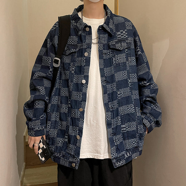 Men's Fashionable Denim Jacket with Check Pattern Mune Fashion