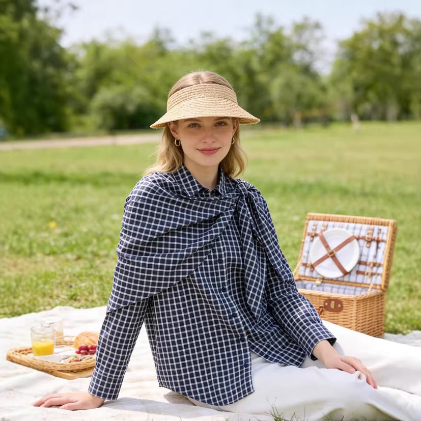 Women Oversize Shirt Blouse with Integrated Shoulder Scarf and Vichy Check Mune Fashion